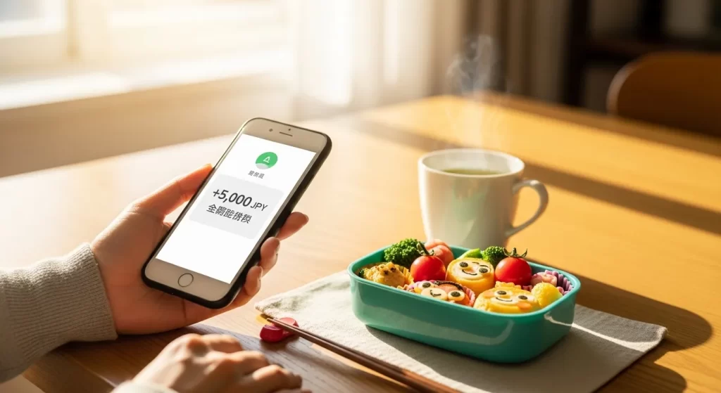木のダイニングテーブルの接写。日本人の女性の手がスマートフォンを持っており、画面には「+5,000円 分配金」という通知が表示されている。スマホの横には、可愛い子供用のお弁当箱とお茶のカップ。窓から温かい朝の光が差し込んでいる。高品質、リアルな写真、背景はソフトフォーカス、心温まる雰囲気。