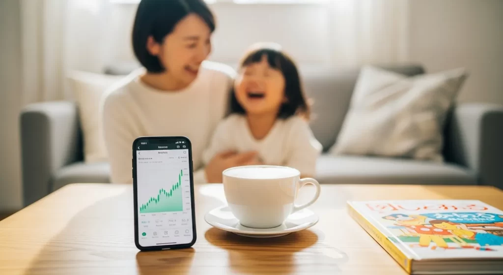 日本の家族の居心地の良い明るいリビング。木のテーブルの上には、上昇する緑のチャートを表示したスマホ、カフェオレのカップ、そして子供向けのカラフルな絵本がある。背景にはソフトフォーカスで笑い合う母親と小さな子供。全体的な雰囲気は「ゆるい（穏やかでリラックスした）」。高品質、柔らかな自然光、映画のような写真。