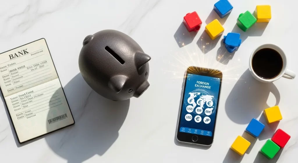 白い大理石のテーブルの上の、明るく清潔な俯瞰構図。片側には影になった伝統的な銀行の通帳と重い鉄の貯金箱。もう片側には、USD、EUR、JPYなどの主要通貨が輝く外貨両替アプリを表示した最新のスマートフォン。周りにはカラフルな子供のおもちゃのブロックと淹れたてのコーヒー。高品質、リアルな写真、明るく軽やかな照明、若い親向けの楽観的でスマートな雰囲気。