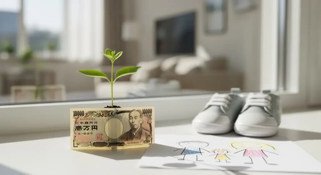 明るい日差しが差し込む窓辺で、一万円札から小さな緑の苗が芽吹いている、心温まる映画のような接写。苗の横には、可愛いベビーシューズと子供がクレヨンで描いた家族の絵がある。背景はソフトにぼかされた、モダンで明るいリビングルーム。柔らかな自然光、8k解像度、楽観的で温かい雰囲気。