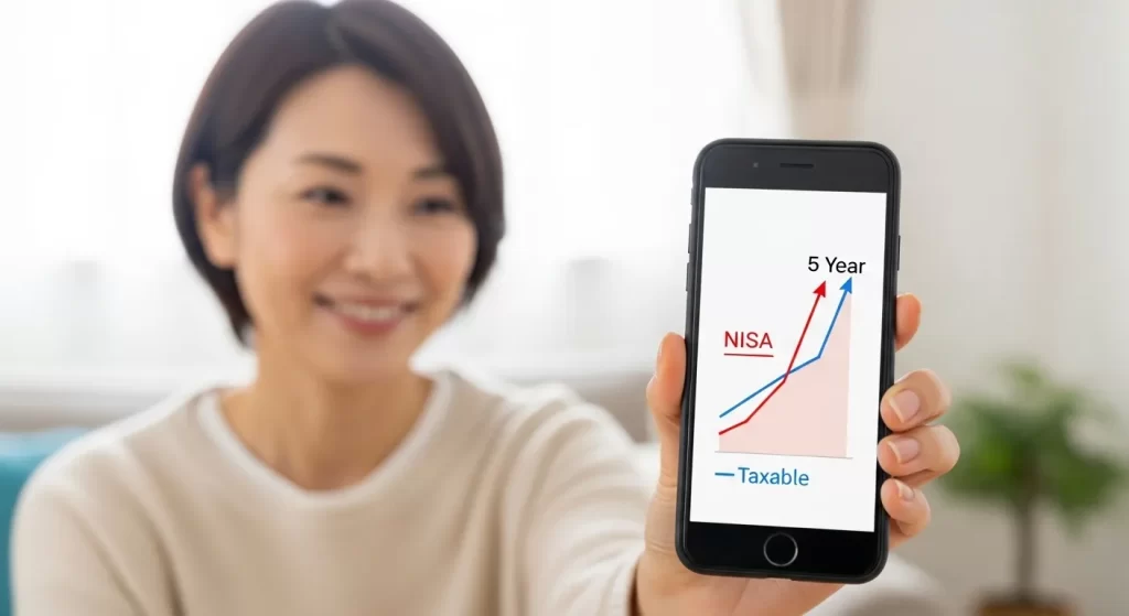 30代の日本人女性が、希望に満ちた表情で、「TAXABLE ACCOUNT（特定口座）」と書かれた線「NISA 」と書かれた線からなるチャート図を示している。また、乗り換えても5年で上回る資産を示している。